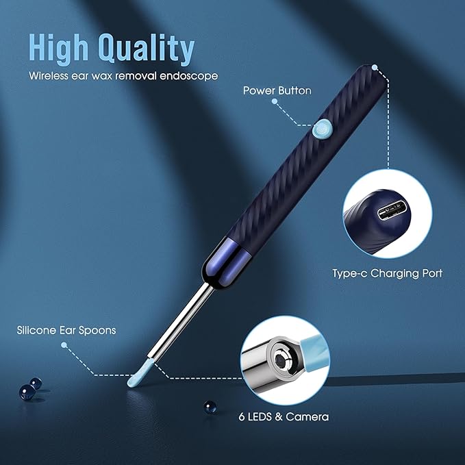 LEIPUT Ear Wax Removal - Earwax Remover Tool with 7 Pcs Ear Set - Ear Canal Cleaner with 1080P Camera - FSA HSA Eligible - Ear Cleaning Kit with 6 Ear Spoon - Ear Camera for iOS & Android (Blue)