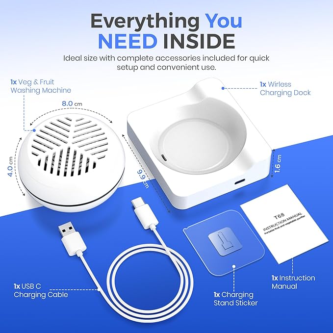 Fruit & Vegetable Purifier, Portable Wireless Deep Cleaning Device, USB Rechargeable Food Purifier for Fruits, Veggies, Meat and Rice, White