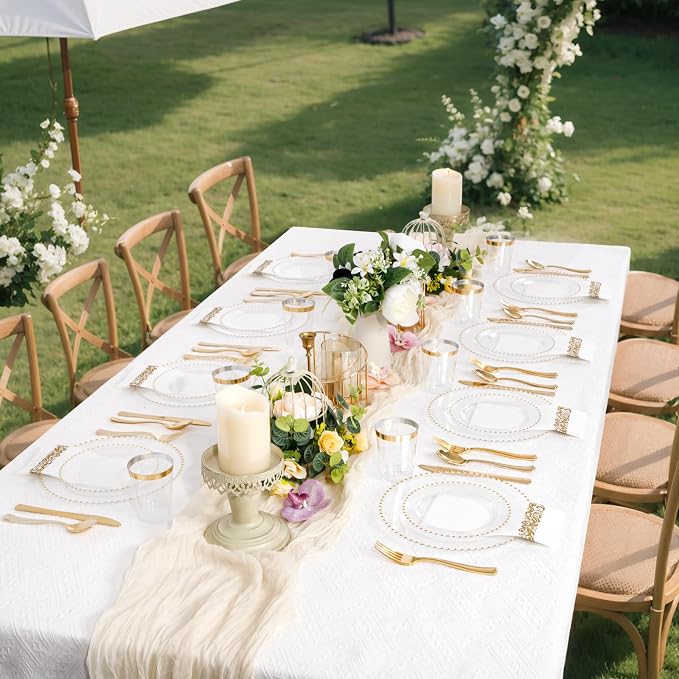 LIYH 350 Pcs Clear Gold Plastic Plates - Disposable Dinnerware Set Include Elegant Dinner & Dessert Plate Cups Gold Silverware for Birthday Party Wedding - Clear Gold 50 Guests