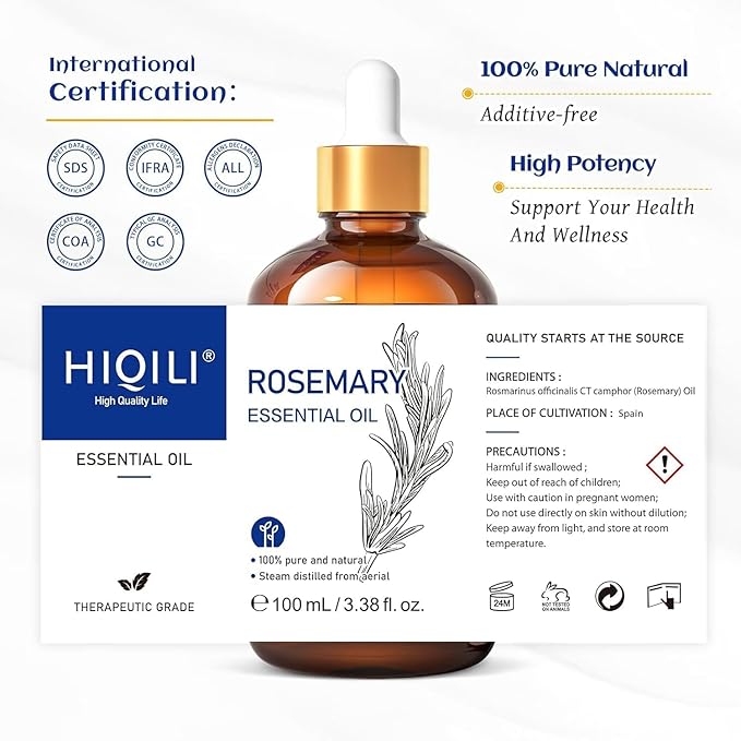 HIQILI Rosemary Essential Oil, 100% Pure & Natural, for Shampoo, Conditioner, Skin & Diffuser - 3.38 Fl Oz
