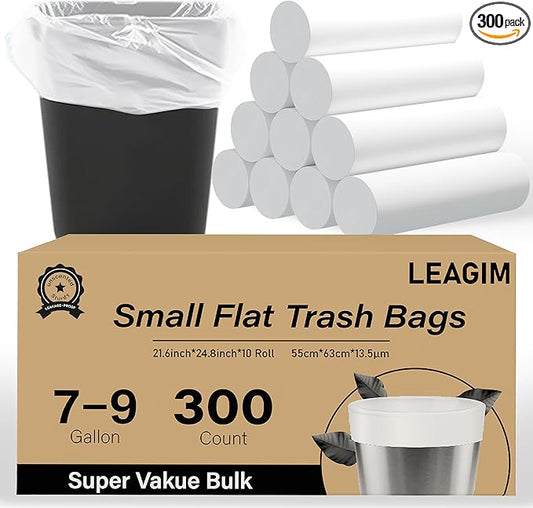 300 Count 7-9 Gallon Trash Bags, 13 Micron Extra Thick 8 Gallon Medium Garbage Bags, Unscented White Wastebasket Trash Can Liners for Bathroom Kitchen Home Office