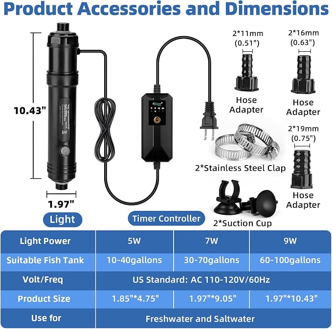 hygger 9W Aquarium U-V Light with Timer, 360° Protective Shield Clean Light for Crystal Clear Green Water, Submersible Fish Tank Cleaner for 60–100 Gallon Freshwater & Saltwater Aquariums