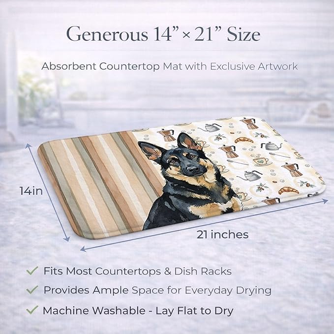 Caroline's Treasures Black and Tan German Shepherd Coffee Bar Dish Drying Mat Absorbent Dish Drying Mat Pad for Kitchen Counter Dish Drainer Mat for Countertop, 14 x 21", Multicolor