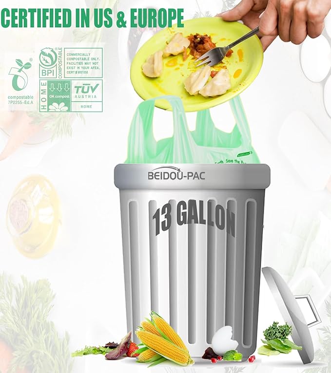 BEIDOU-PAC 13 Gallon Compostable Tall Kitchen Trash Bags with Handle, 50 Count, Sturdy Biodegradable Garbage Bags for Food Scrap Waste, ASTM D6400, US BPI Certified