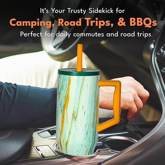 Elemental 40 oz Tumbler with Handle and Straw - Spill Proof Insulated Stainless Steel Commuter for Cold Beverages - Travel Coffee Mug with 2 Straws & Spill Proof Lid - 40oz - Aurora Glow