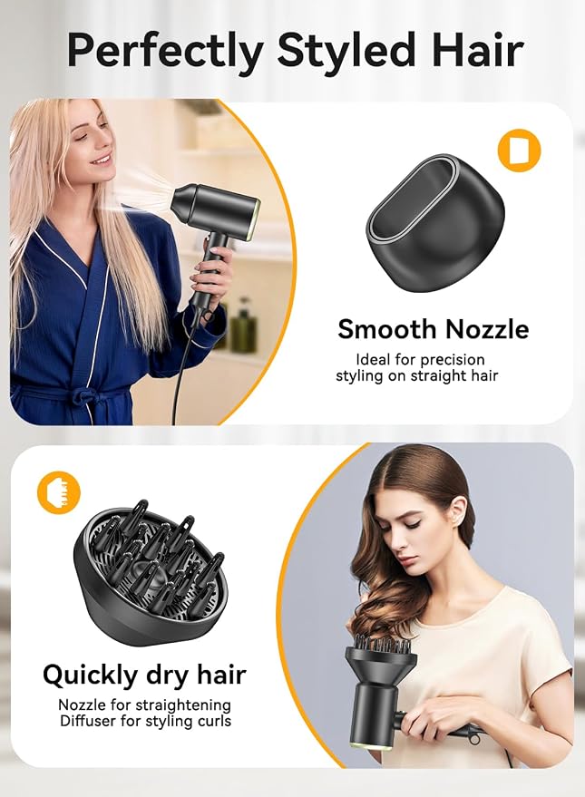 Hair Dryer, 150000RPM Ionic Blow Dryer - Fast Drying, Low Noise, Foldable Portable with Diffuser and Nozzle, Compact Mini for Women and Men, Home and Travel(Black)