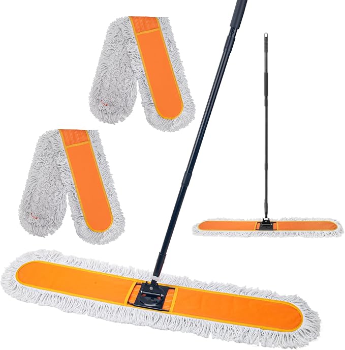 48" Commercial Dust Mops for Floor Cleaning, Heavy Duty Floor Duster with 60" Long Handle, Industrial Wet Dry Sweeper Mop with 2 Reusable Mop Pads for Janitor Indoor Warehouse Gym Hotel Clean