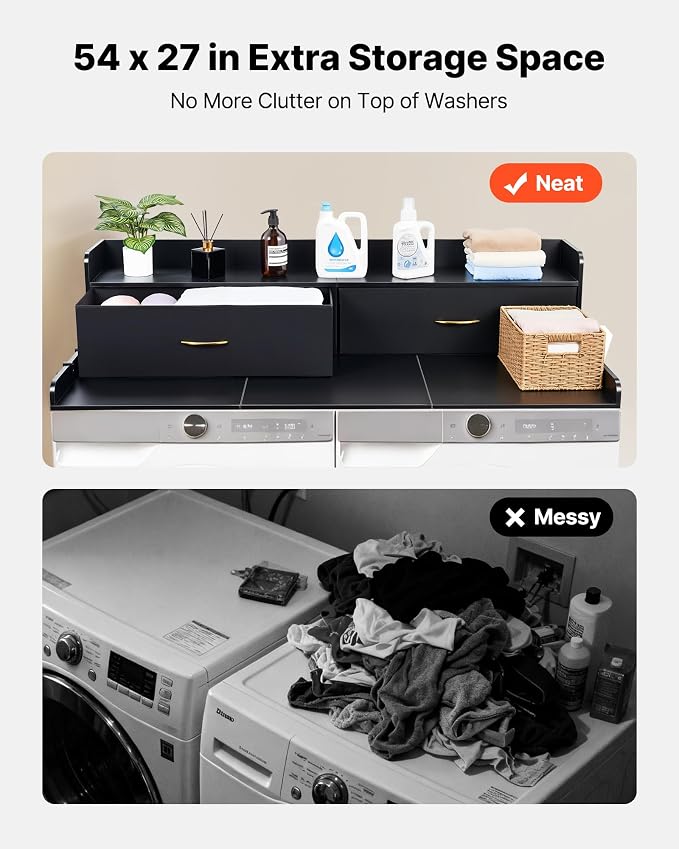 VEVOR 2 Drawers Washer Dryer Countertop with Shelf, 54" x 27" Wooden Laundry Countertop with 2 Hooks & Splicing Panels, Washer and Dryer Topper, Laundry Room Organization and Storage, Black