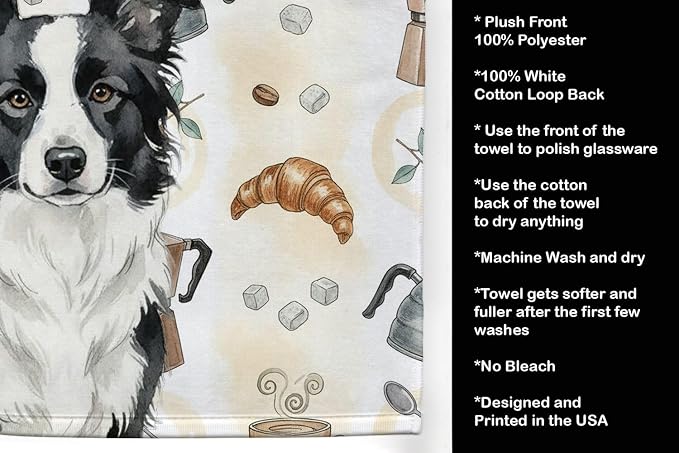 Caroline's Treasures Border Collie Coffee Bar Kitchen Towel Velour Plush Front and Cotton Loop Back Machine Washable