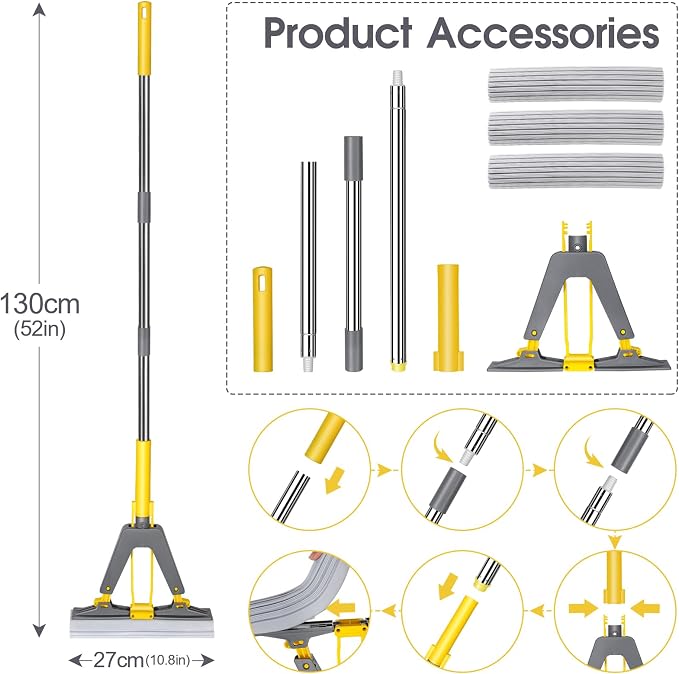 Masthome 24 Inch Outdoor Broom,Stiff Bristles Push Broom Outdoor Heavy Duty & Roller Sponge Mop with 3 Absorbent Sponge Mop Refills