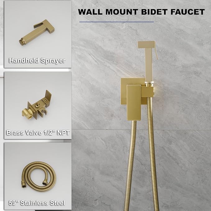 Wall Mounted Bidet Sprayer Set, Warm Water Bidet Sprayer Faucet for Toilet with Hot and Cold Brass Valve, Stainless Steel Square Handheld Bidet Attachment Set, Brushed Gold