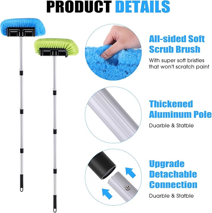 2 Pack 58 Inch Extendable Car Wash Brushes, Soft Bristled Scratch Free Cleaning System with Long Handle, Universal Cleaning Tool Set for Vehicles Home Windows Tires Snow Removal(Green+Blue)