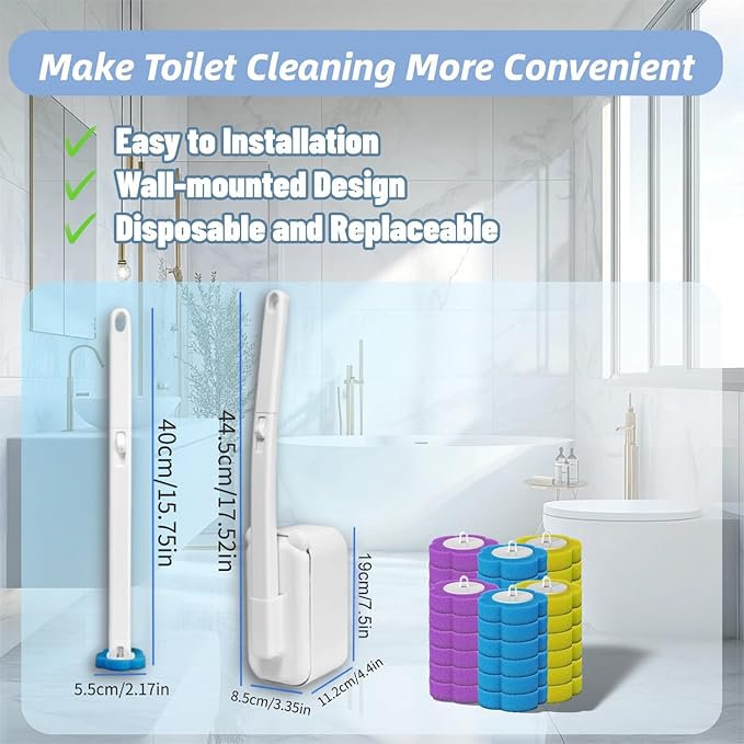 Disposable Toilet Brush,Toilet Bowl Brush with Holder,36 Refills Toilet Bowl Cleaner,Toilet Cleaning Supplies,Wall Mounted Toilet Wand Brush Kit for Cleaning and Bathroom Maintenance