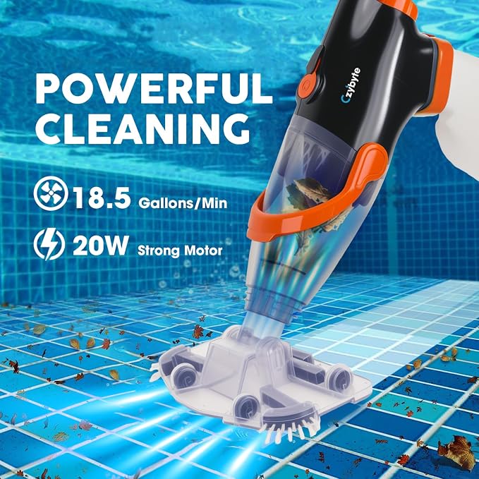 Handheld Pool Vacuum Cleaner, Rechargeable Pool Bottom Cleaner with Strong Suction, 1 H Runtime, 89 inchs Extension Pole,for Above Ground/Inground Pools, Spas and Hot Tubs, Orange and White