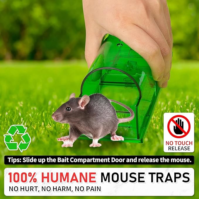 LULUCATCH Humane Mouse Traps 4 Pack, No Touch Catch and Release Live No Kill Rodent Traps, Reusable with Cleaning Brush, Pet Safe Indoor Outdoor Rodent Control for Mice, Rats, Chipmunks, Voles