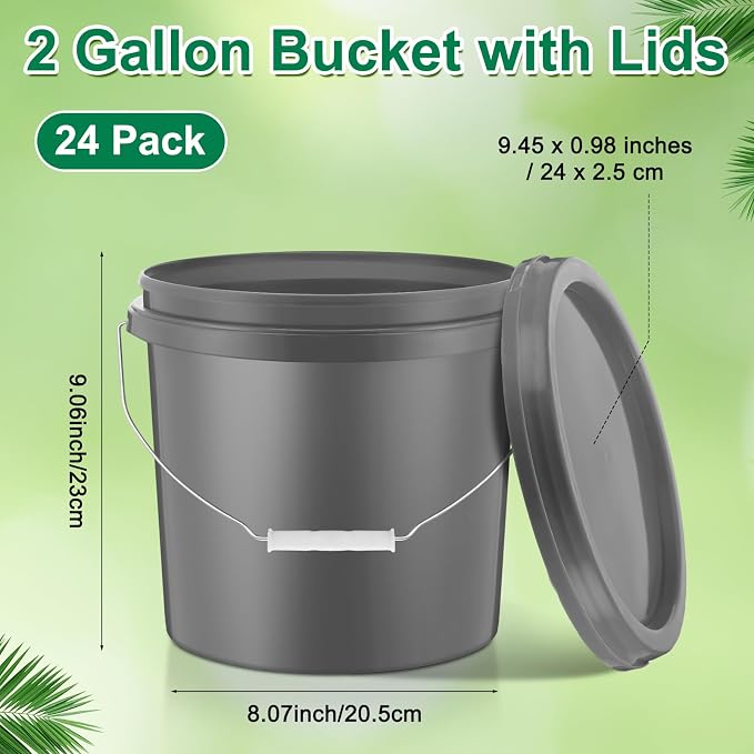 Tioncy 24 Pcs 2 Gallon Plastic Bucket with Lid Heavy Duty 2 Gallon Bucket Pail with Lid Handle for Storage Container Home Household Cleaning (Grey)