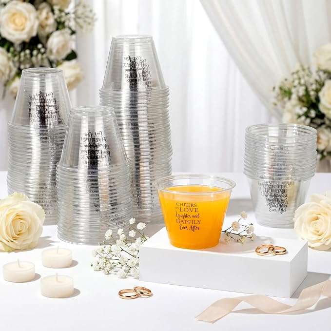 LemonRoad 100 Pack Wedding Cups 9 oz Cheers to Love Disposable Clear Plastic Cocktail Cups Hot Cold Beverage Drinks for Guests, Wedding Reception Bridal Shower Decorations Party Favors