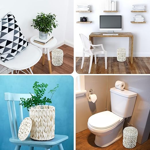 Ctosree 1.3 Gallons Small Trash Can with Lid Handle Boho Woven Braided Bathroom Waste Basket Trash Can with 100 Garbage Bags for Bedroom Office Laundry(Braided Polypropylene, Cream White)