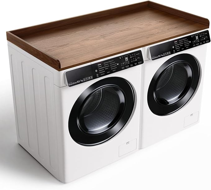 Fivesun Washer Dryer Countertop, 27.5" x 54“ Wood Washer and Dryer Countertop with Edge Rails for Laundry Room Organization and Storage, Dark Walnut