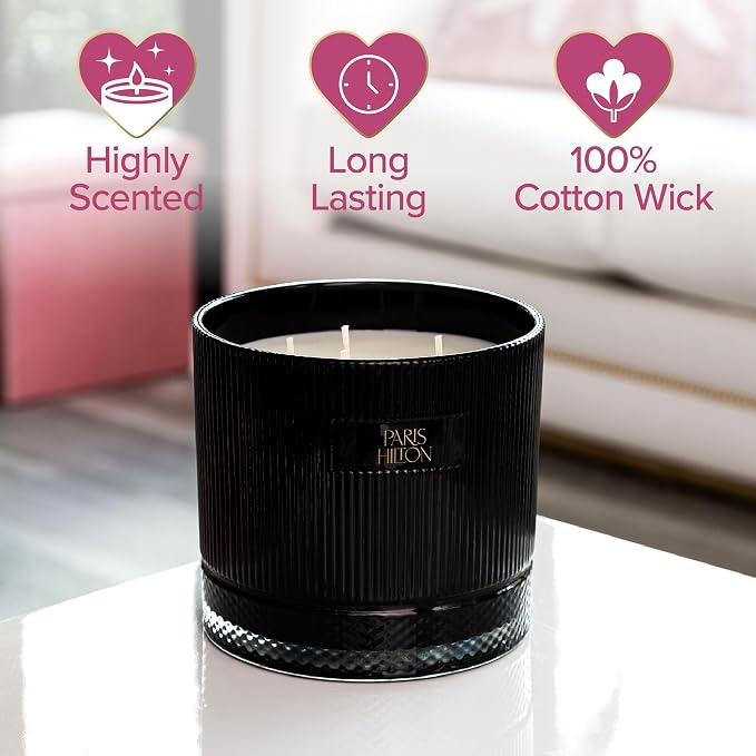 Paris Hilton Pink Spritz Scented Candle, Black Ribbed Glass Vessel with Faceted Diamond Detail, Premium Plant Wax Blend, 4-Wicks, 40-Ounce
