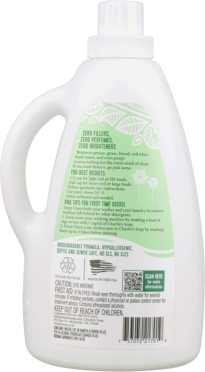 Charlie’s Soap Laundry Liquid (100 Loads, 1 Pack) 75.0 Fl Oz Natural Deep Cleaning Hypoallergenic Laundry Detergent – Eco-Friendly, Safe and Effective