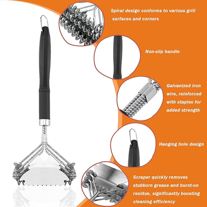 Bristle-Free Grill Brush - Efficient Grill Cleaner with Stainless Steel Scraper, Reinforced for Safety, Fits All Gas, Charcoal, Ceramic & Infrared Grills- BBQ Accessories–Gifts for Grill Wizard
