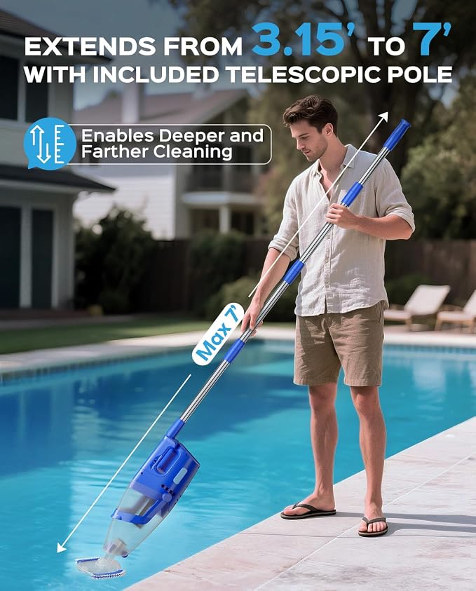 Cordless Handheld Pool Vacuum Cleaner with Telescopic Pole, 26.5 GPM Powerful Suction, Longer 1H Runtime, Portable Pool Vacuums for Above Ground/Inground Pools, Hot Tubs, Spas, Blue