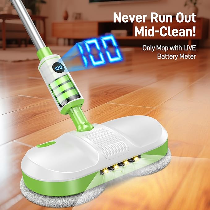 AlfaBot Cordless Electric Mop, Electric Mop Floor Cleaner with LED Headlight & Water Sprayer, Up to 60 Mins, Self-Propelled with Big Water Tank for Multi-Surface