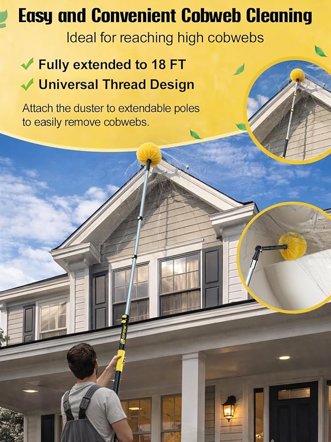 5-to-18 Foot Cobweb Duster with Extension Pole, Opow 25 Ft High Reach and 2 Replaceable Cleaning Washable Spider Web Brush Heads and Universal Joint Angle Adaptor Heavy Duty for Indoor & Outdoor Use