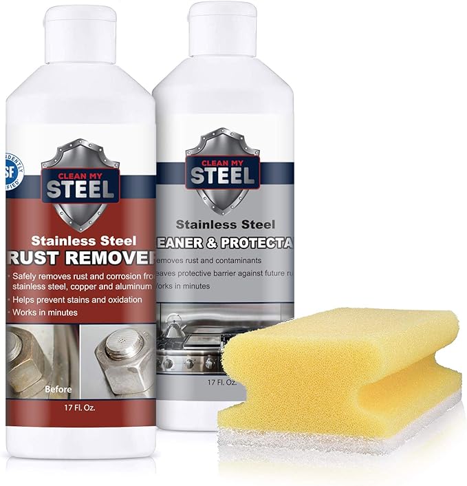 CLEAN MY STEEL Stainless Steel Rust Remover and Protector Kit, NSF Certified, 17 oz, Includes B570 Rust Remover, B580 Cleaner and Protector, Sponge and Gloves