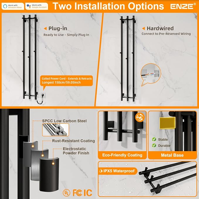 ENZE Smart Heated Towel Rack, Wall Mounted Electric Towel Warmer 220W for Bathroom, WiFi App Control & LED Touch Screen, Adjustable Temp & 24H Timer, Vertical Model, IPX5, Plug-in/Hardwired, Black