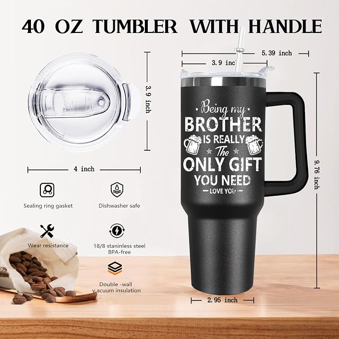 Ceovfoi 40 oz Black Brother Stainless Steel Cups Mug Water Bottle Tumbler with Handle,Brother Gifts from Sister