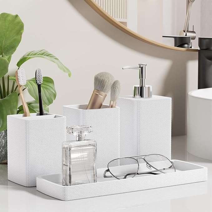 White Bathroom Set, White Bathroom Accessories Set with Shower Curtain and Rugs, Bath Towel Set, Natural Loofah Sponge, Soap Dispenser, Toothbrush Holder, Bathroom Tumbler and Tray for Bathroom