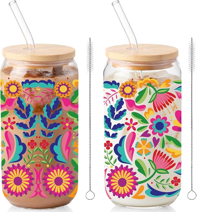 Sliner 2 Pcs Mexican Glass Cups Fiesta Cinco De Mayo Drinking Tumbler Mandala Flower Gifts 16 oz Iced Coffee Cup with Lid Straw Cleaning Brush for Home Office Holiday Decorations