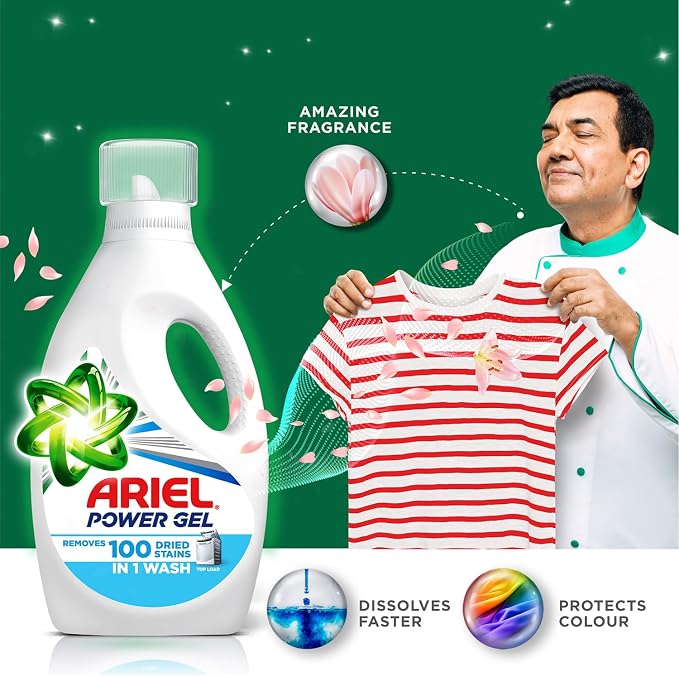 Ariel Power Gel Liquid Detergent for Top Load & Semi Auto – 2kg | Removes 100 Dried Stains in 1 Wash | Faster Dissolving | Long-Lasting Fragrance | Color Protection | At the price of Powders