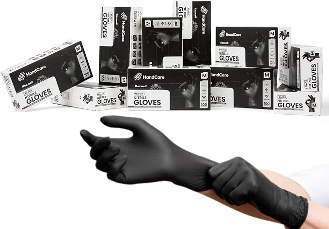 HandCare 4 Mil Black Nitrile Disposable Gloves, Powder-Free & Latex-Free for Tattoo, Food Prep & Cleaning