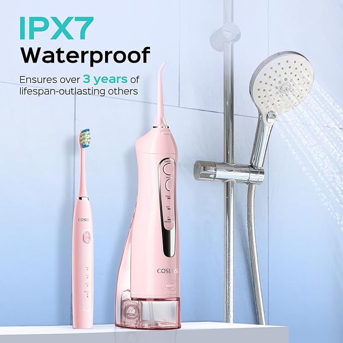 COSLUS C20 & C41 Portable Water Flosser with Electric Toothbrush Combo: 2-in-1 Oral Clean Kit for Teeth, Braces, Gums Care - Brushing & Flossing for Adults, Family, Travel Use, BPA-Free, Pink