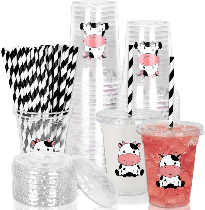 Whaline 50 Pcs Cow Disposable Plastic Cups with Lids and Straws 12 Oz Cute Farm Themed Cold Beverage Drinking Cups for Baby Shower Birthday Party Supplies