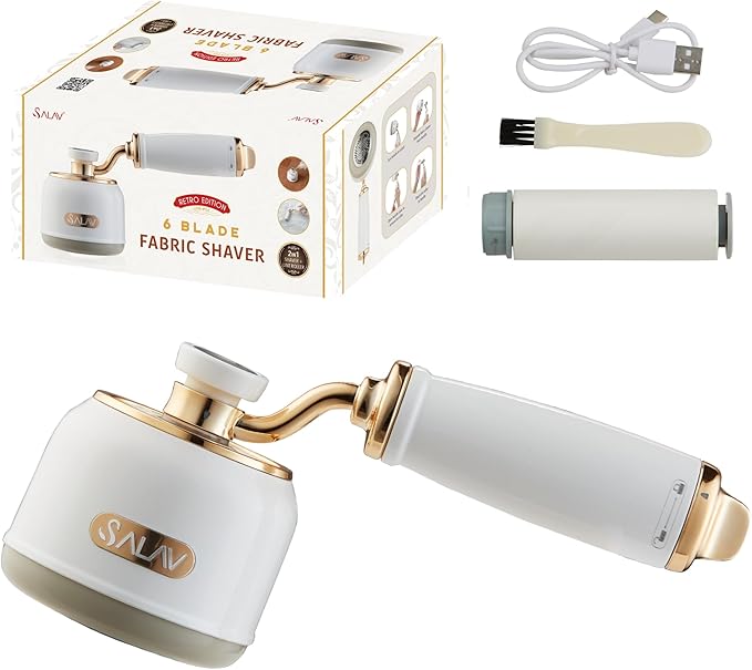 SALAV® Retro Edition Rechargeable Fabric Shaver and Lint Roller with 6-Blade System Removes Fuzz and Piling on Fabrics, with Charging Cable and Mini Brush (Pearl)