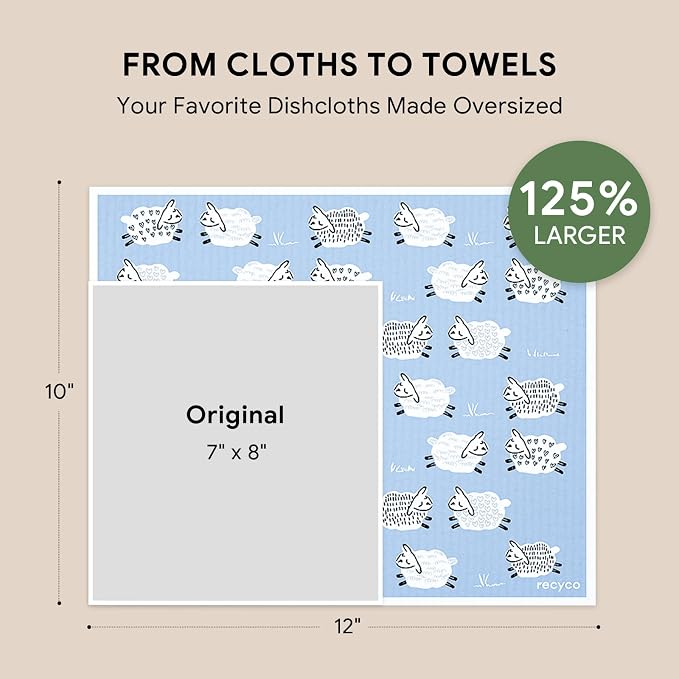RECYCO Swedish Dishcloths for Kitchen | 4 Pack Oversized Washable Dish Rags | Large Cellulose Reusable Cleaning Paper Towels | Absorbent Counter Dish Cloth Sponge XL Kitchen Wipes, 12" L x 12" W