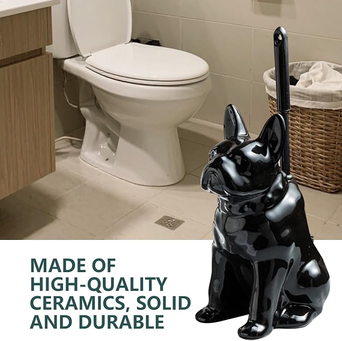 Toilet Brush Holder Set for Bathroom Cute Dog Base Solidly Toilet Bowl Brush Holder and Decorative Bathroom Ceramic Cleaning Kit with Brush and Holder (Black)