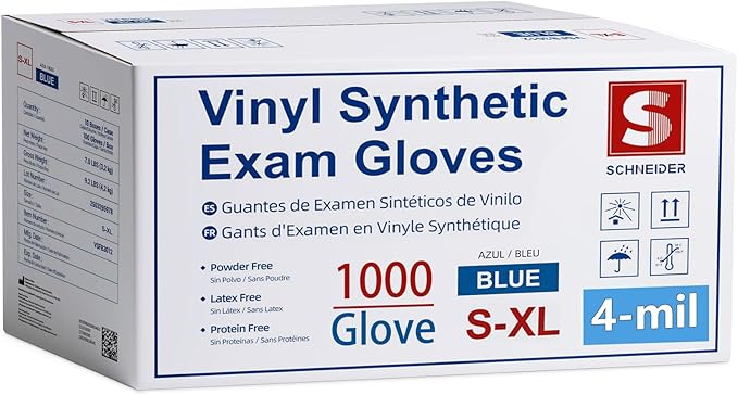 Schneider Blue Vinyl Synthetic Exam Gloves, Case of 1000, 4-mil, Powder-Free, Latex-Free, Non-Sterile, Disposable Gloves