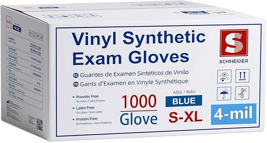 Schneider Blue Vinyl Synthetic Exam Gloves, Case of 1000, 4-mil, Powder-Free, Latex-Free, Non-Sterile, Disposable Gloves