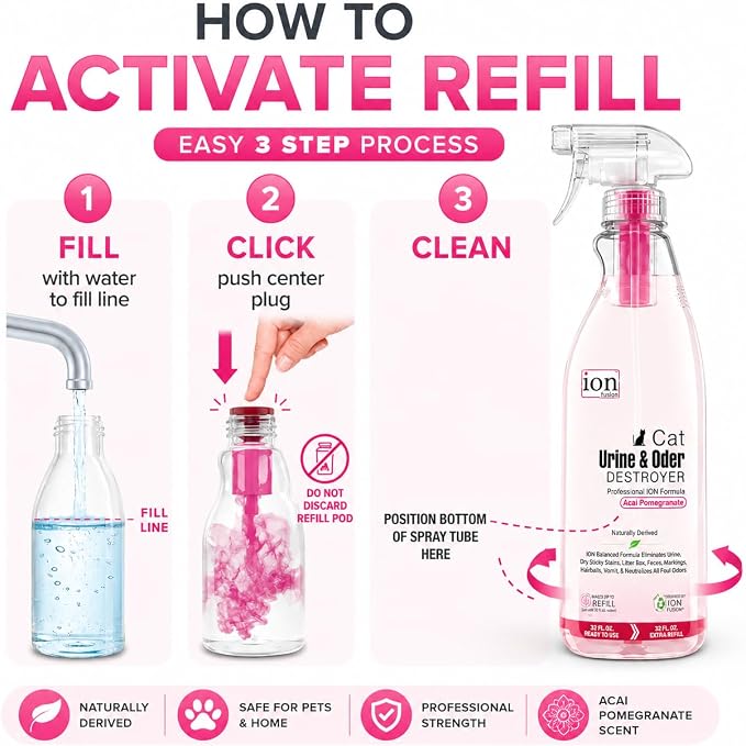 ION Fusion Cat Urine Odor Eliminator for Strong Odor, Dissolve Odors on Molecular Basis, Cat Litter Deodorizer Odor Absorber, Pet Stain Remover, Patent Refill Pod, Non-Enzymatic Formula, 32oz + Refill