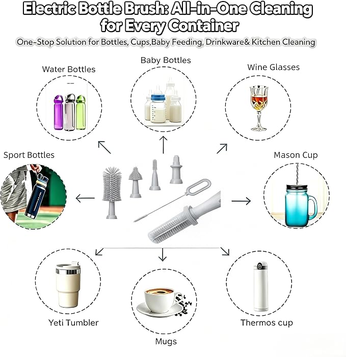 Electric Bottle Brush Set, 6-in-1 Electric Cleaning Brush with Waterproof Silicone Cleaner, 3 Replaceable Brush Heads, Straw Brush & Extension Rod, for Baby Feeding Supplies and Kitchen Utensils