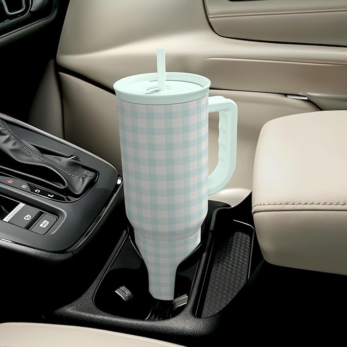 SANDJEST Mint Gingham 40oz Slider Tumbler with Handle and Straw - Insulated Stainless Steel Travel Coffee Mug for Women Girls, Gift for Birthday, Christmas