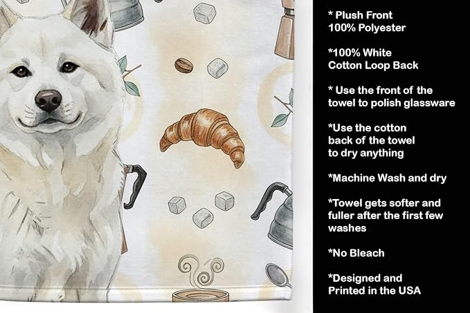 Caroline's Treasures White Akita Coffee Bar Kitchen Towel Velour Plush Front and Cotton Loop Back Machine Washable
