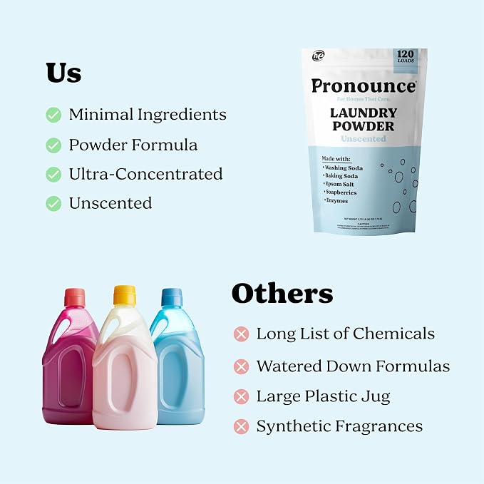 Pronounce Laundry Detergent Powder Alternative | Cleaner Ingredients. Safer for Sensitive Skin. Stain + Smell Fighting. Fragrance Free, HE Safe - 120 Loads (Unscented).