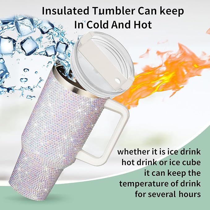 HWISDMIG 40oz Tumbler with Handle-Glitter Rhinestones Tumbler Bling Cups Stainless Steel Water Bottle Diamond Studded Tumbler for Women-Birthday Gifts for Women, Mom, Wife, Girlfriend (40 oz, White)