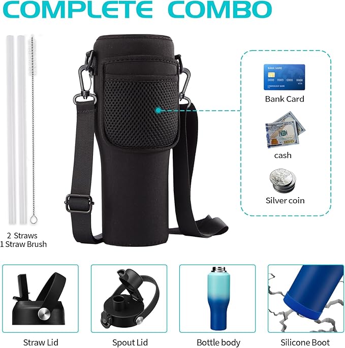 40oz Metal Water-Bottle with Straw - Fits Cup Holder, Insulated Water Bottles with Carrier Strap Bag & Boot, 40 oz Cup for Women & Men